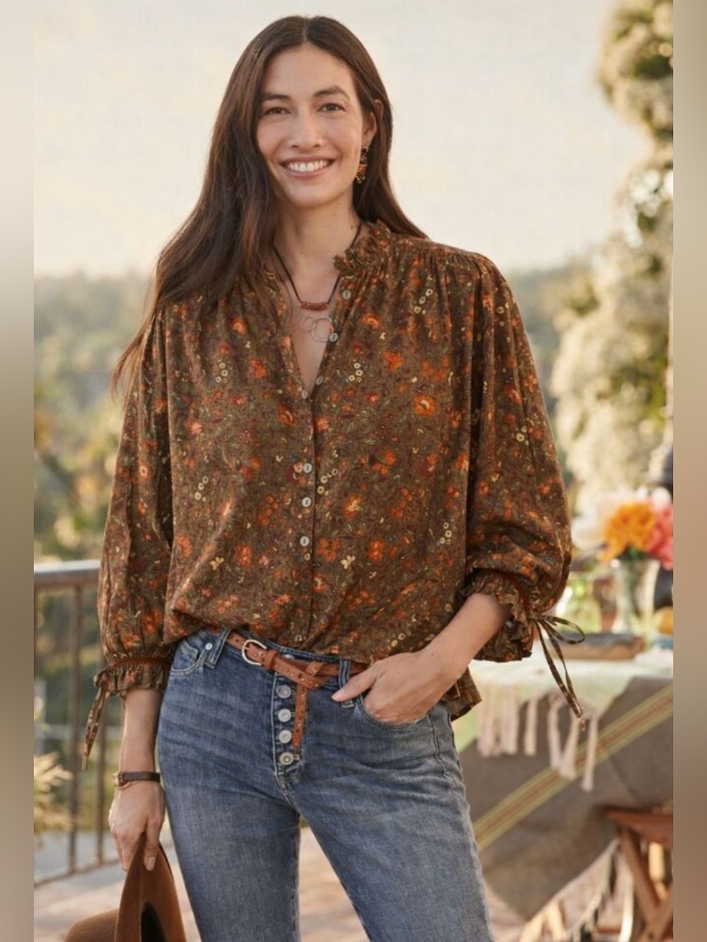 Sundance Ashton Fall Color Floral Blouse Ruffled Detail Velvet Ribbon Sz L Boho